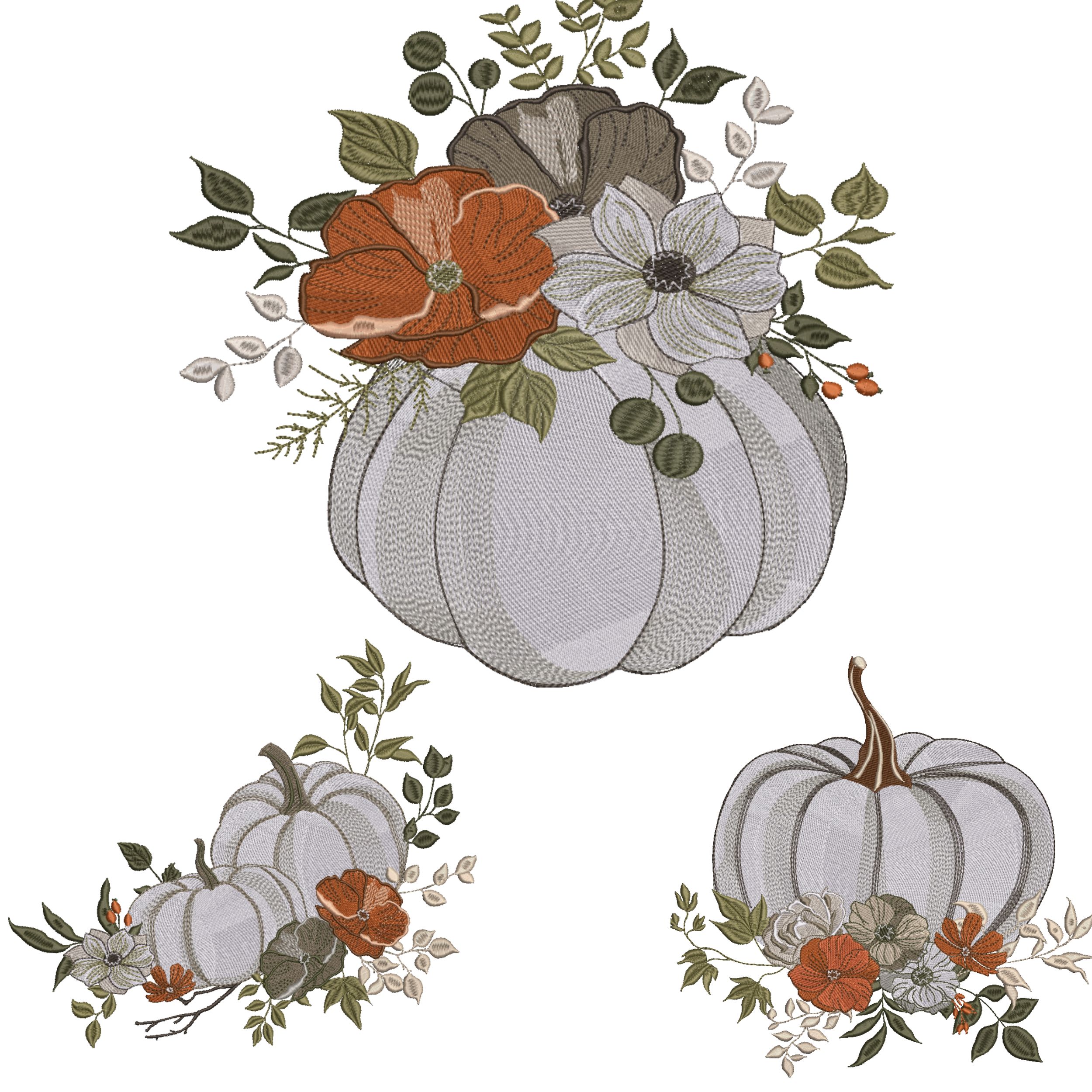 Set of 3 Fall White Pumpkin and Flowers-3