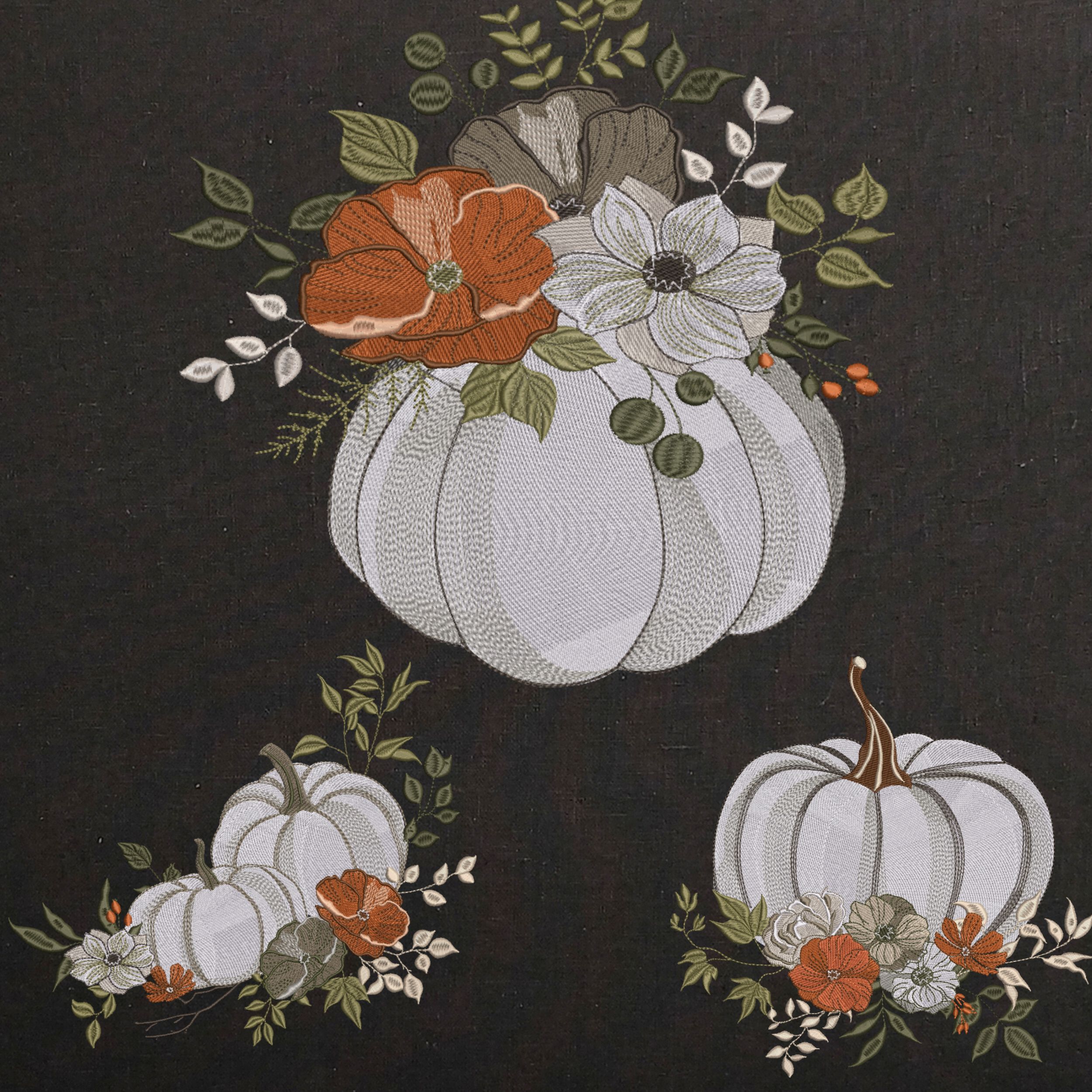 Set of 3 Fall White Pumpkin and Flowers-5