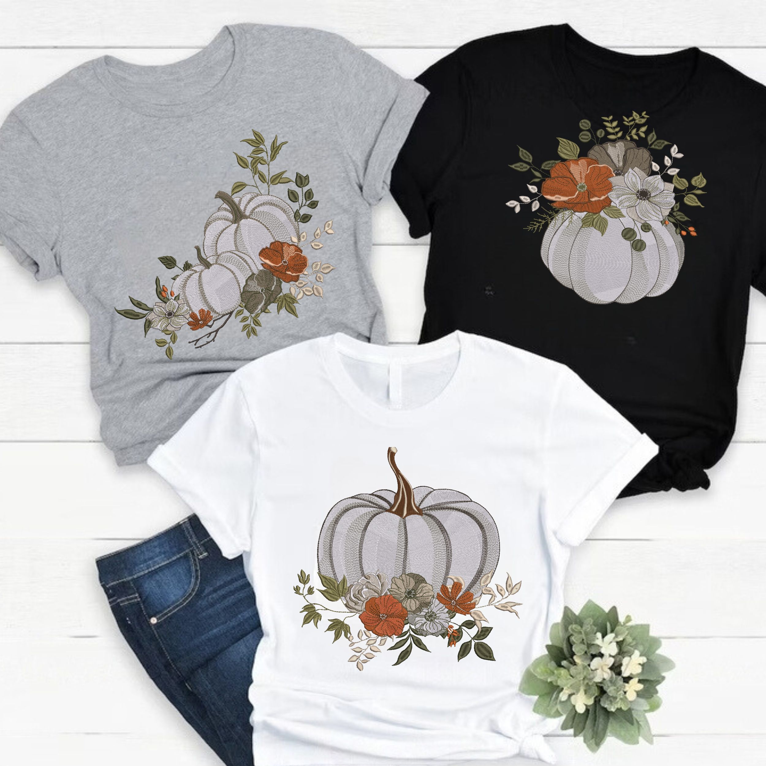 Set of 3 Fall White Pumpkin and Flowers-7