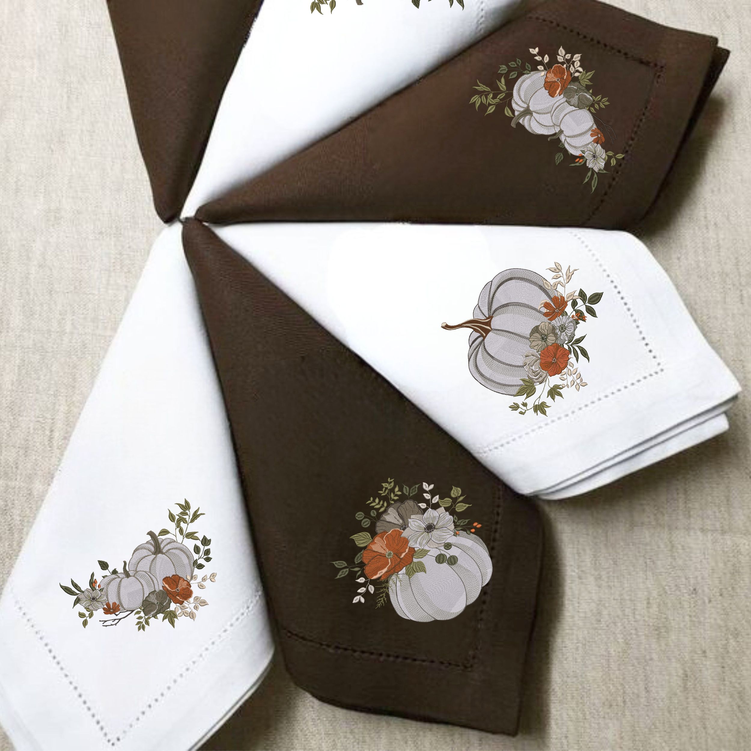 Set of 3 Fall White Pumpkin and Flowers-10