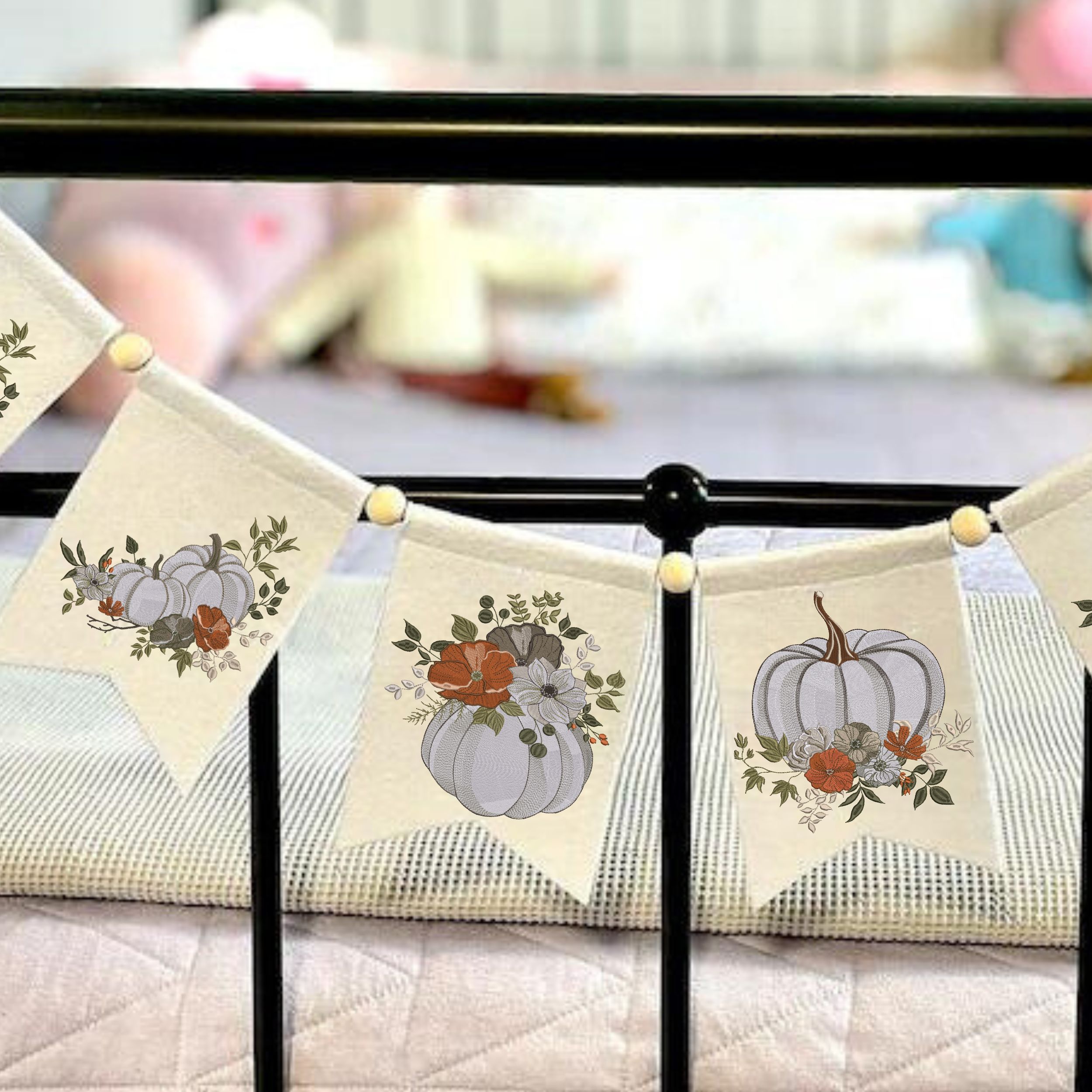 Set of 3 Fall White Pumpkin and Flowers-11