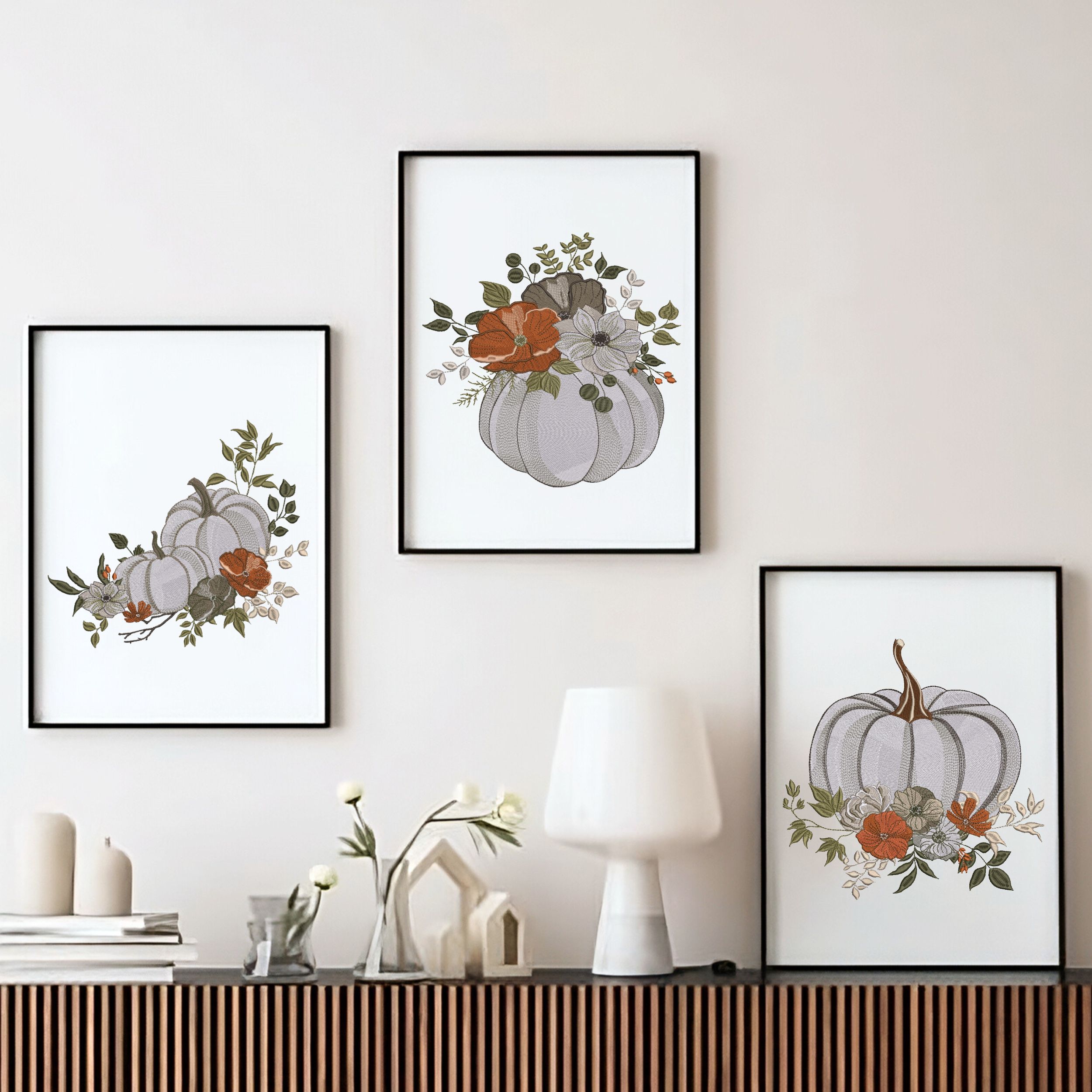 Set of 3 Fall White Pumpkin and Flowers-12