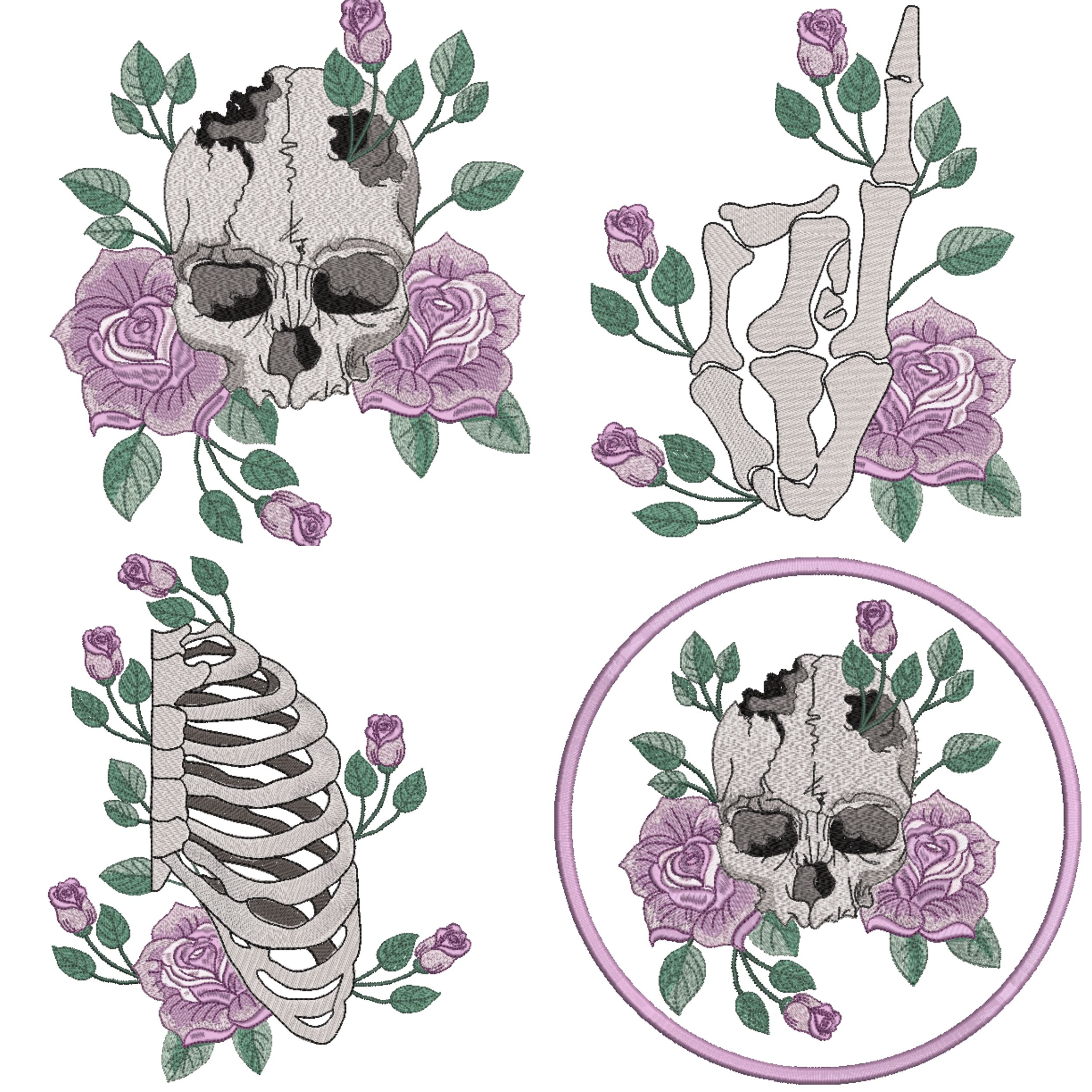 Set of 4 Skull and Skeleton with Roses-3