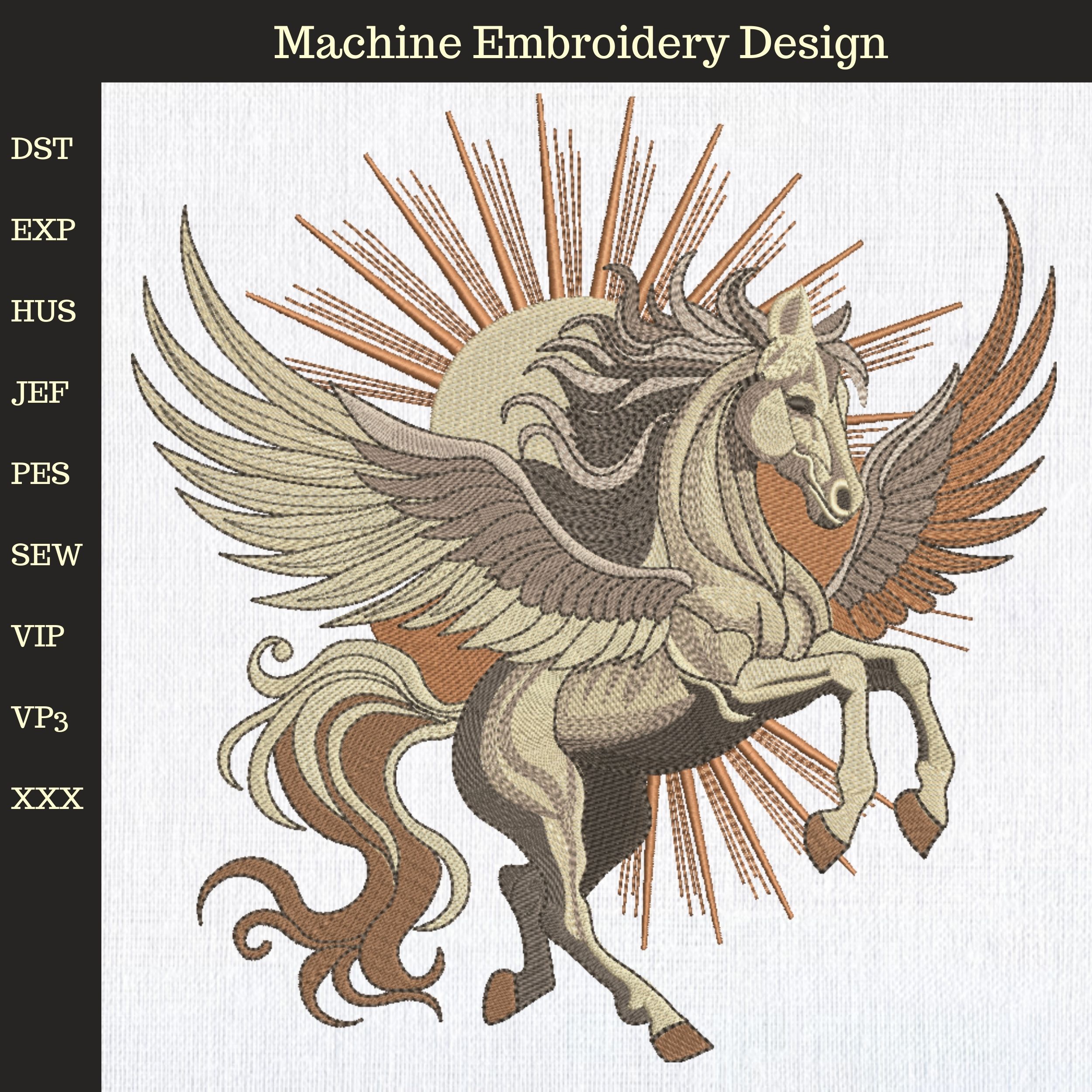 Mystical Pegasus with flowing wings and Radiant Sun-3