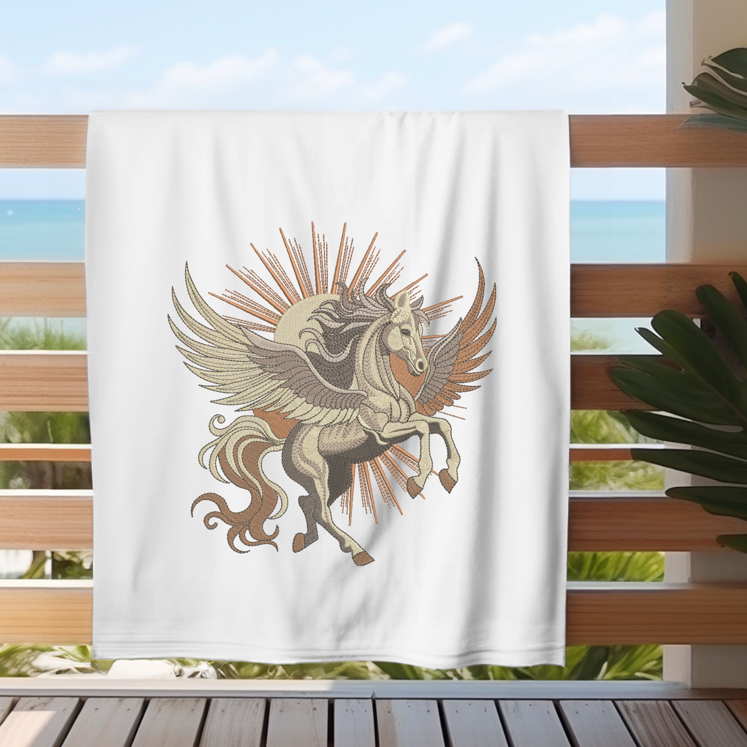 Mystical Pegasus with flowing wings and Radiant Sun-11