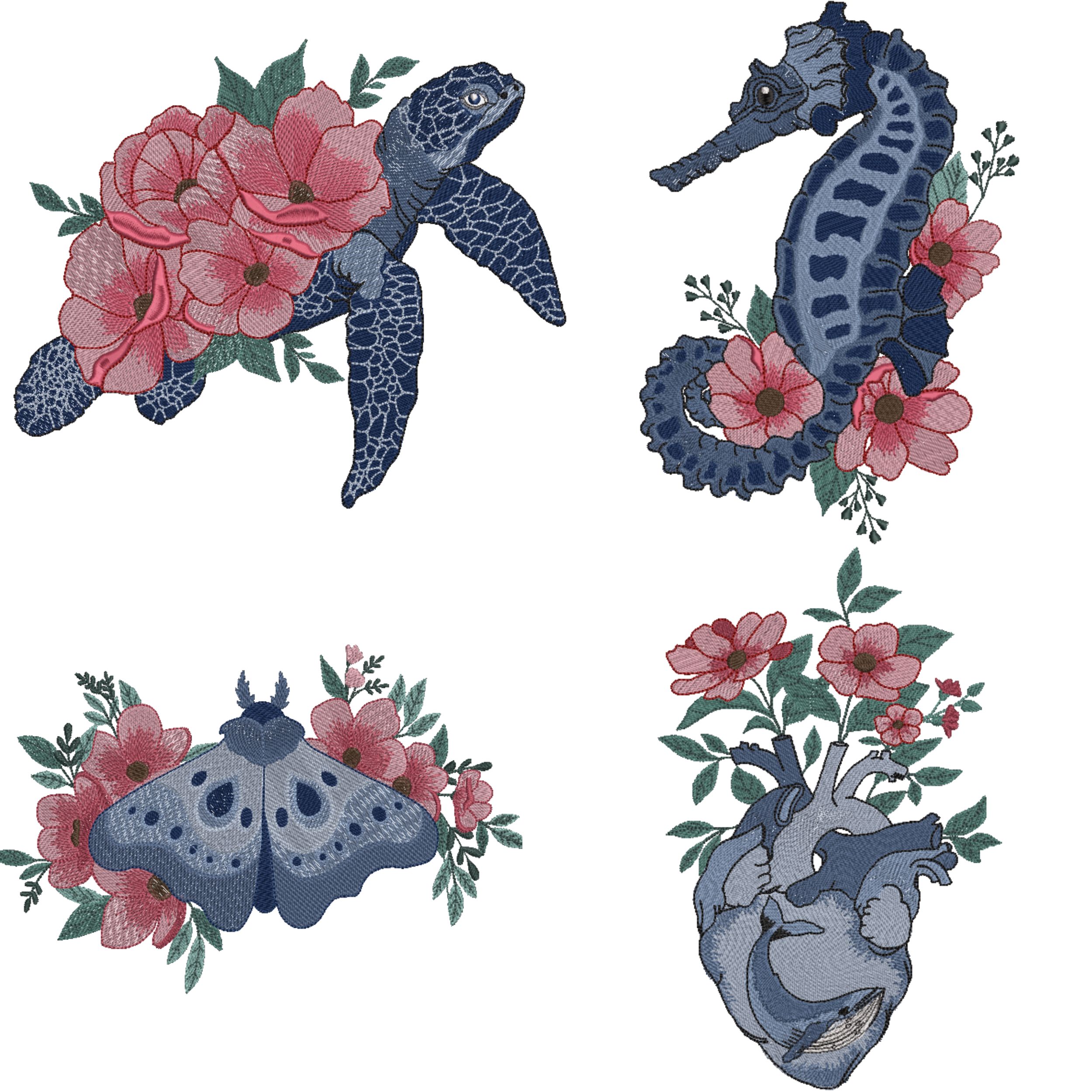 Set of 4 Blue Sea Animals Pink flowers-3