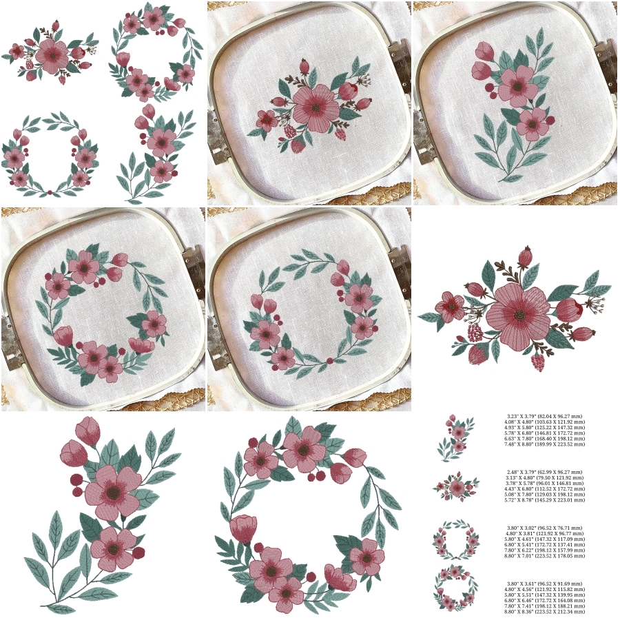 Set of 4 Wreath and Branch of Pink Flower