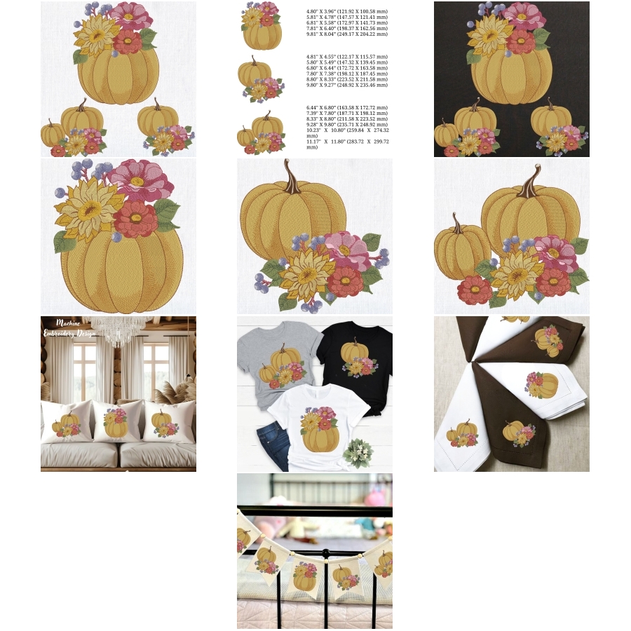 Set of 3 Fall Pumpkin and Flowers