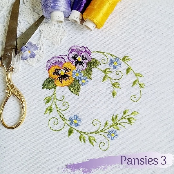 pansy pansies flower floral basket fan applique blossom spring