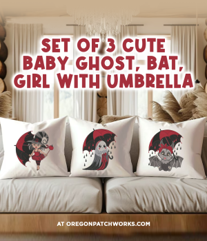 EMBROIDERYCHICDESIGN Set of 3 Cute Baby Ghost, Bat, Girl with Umbrella